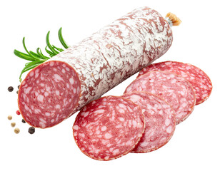 Sliced dry-cured sausage with rosemary and peppercorns on transparent background