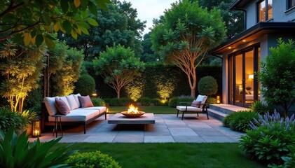Naklejka premium Serene backyard oasis featuring lush greenery, comfortable seating, and outdoor lighting creating a relaxing atmosphere perfect for evening relaxation , sofa, furniture