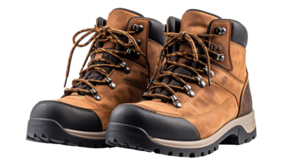 Pair of brown hiking boots isolated on transparent background
