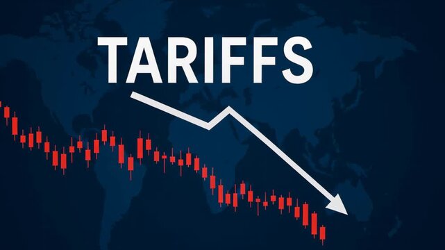 Tariff, trade war. Tariffs economic decline shown by downward arrow and red candlestick chart on dark world map background illustrating global impact