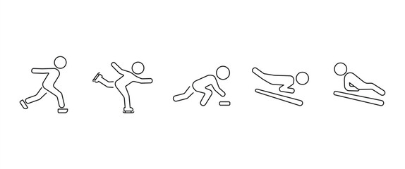 Obraz premium Winter sports line icon set. People on ski, skate, snowboard. Figure skating on ice, downhill skiing on snow. Vector illustration in transparent background.