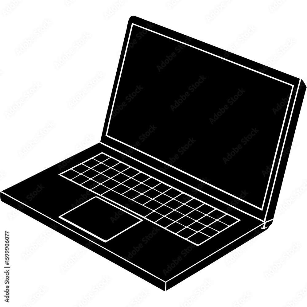 Fototapete A black and white vector icon representing an open laptop computer with a blank screen and keyboard isolated on white