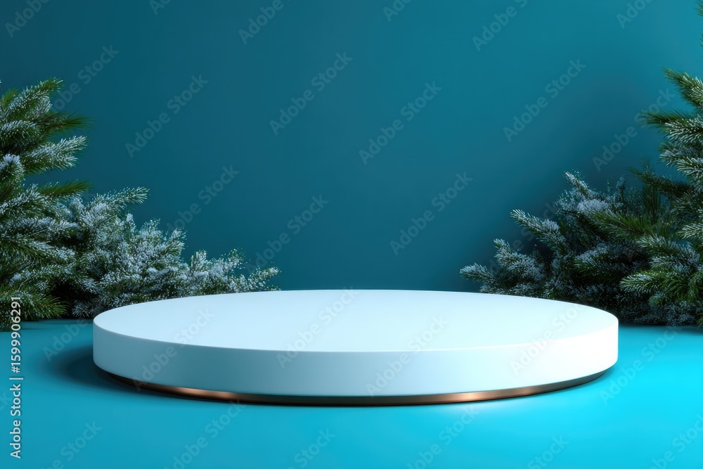 Poster minimalist display platform surrounded by snowy branches, perfec
