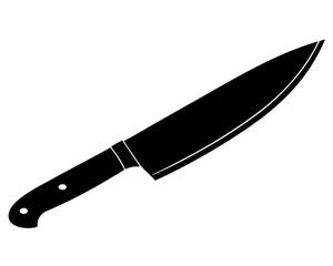 A black and white illustration depicts a sharp kitchen knife with a black handle commonly used for slicing and chopping food