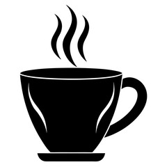 A black and white illustration of a coffee cup with steam rising from it sitting on a saucer isolated on a white background