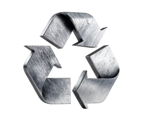 Brushed Metal Recycling Symbol with Industrial Texture, Angled View, Isolated on Transparent Background PNG
