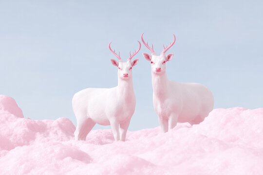 Two ethereal white deer stand gracefully on soft pink clouds, ra