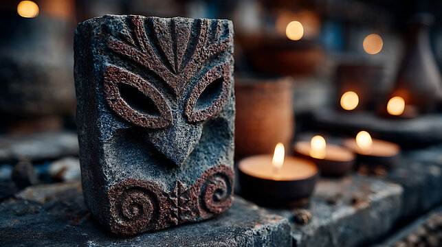 Ancient stone carved mask with candles in dark setting - Powered by Adobe