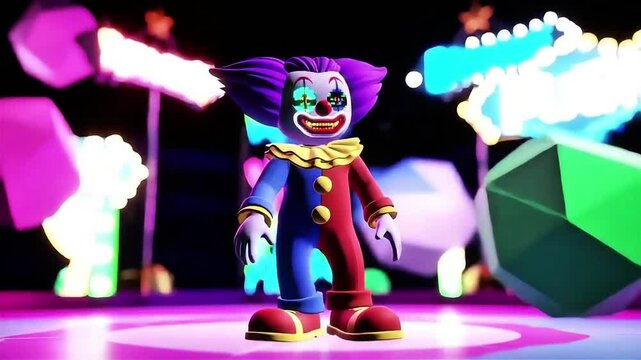 A surreal 3D animation of a digital clown in a broken VR circus world, blending glitch art with whimsical horror aesthetics.