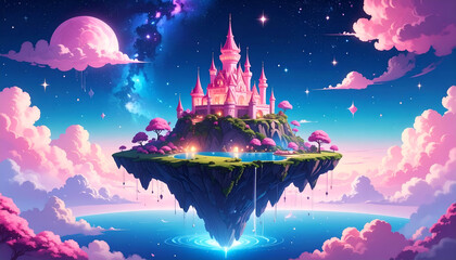 Pink Castle with Floating Island, and Night Sky.