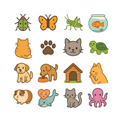 Fototapeta premium Cartoon Animal Icon Grid: Cats, Dogs, Fish, Insects & Sea Creatures in Playful Pet-Themed Style