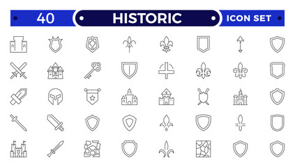 Historic Outline icon set. Heritage Center icon set. Contain linear outline icons historical, guide, expo, culture, al, sculpture, museum and more.