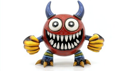 Playful Red Monster Figurine with Yellow Hands and Blue Horns