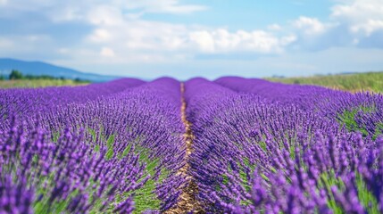 Fototapeta premium Lush purple lavender field stretches across a landscape.