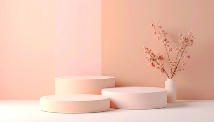 Pastel-toned display podiums with dried flower arrangement