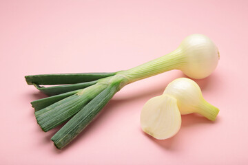 Green onion on pink background. Macro photo