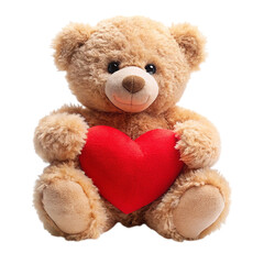 a fluffy teddy bear holding a red heart shaped pillow isolated on transparent background