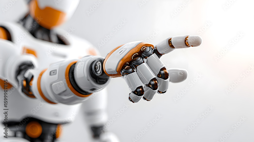 Poster a close-up view of a robot's hand with a finger pointing outward, showcasing futuristic technology a