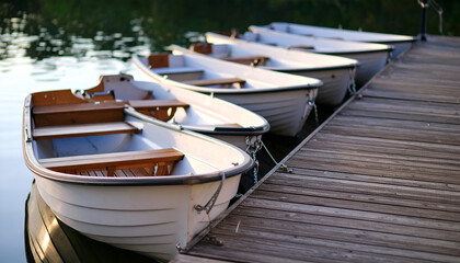 Rowboats Docked at Lakeside Pier.