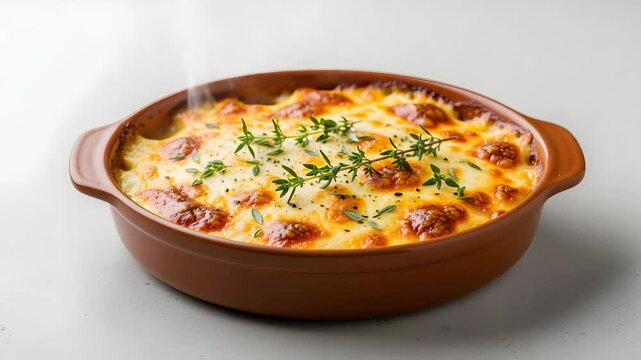 Golden Cheesy Pasta in Brown Ceramic Baking Dish Garnished with Thyme and Rising Steam in Studio Overhead Shot