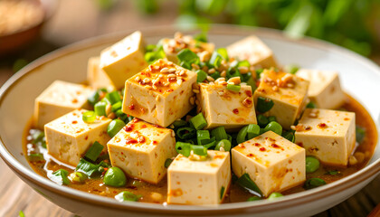 Spicy Tofu Cubes with Sesame, and Asian Food.