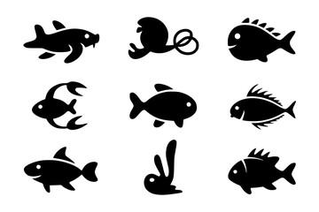 Naklejka premium Ocean Life Icons: A set of nine monochrome vector illustrations depicting various aquatic creatures, including fish, a crab, and a shark, in a simple, bold style.
