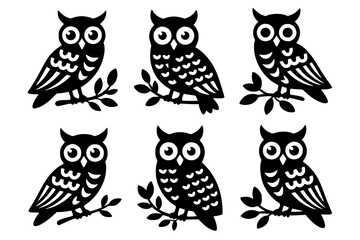 Six Owls on Branches: A charming set of monochrome line art owl illustrations, each perched on a simple branch, showcasing their cute features in a playful vector design.