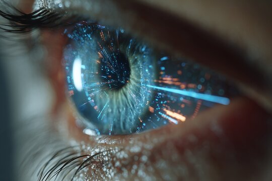Eye with a digital interface overlay symbolizing standard of innovation urban technology visual art futuristic environment close-up perspective conceptual vision - Powered by Adobe