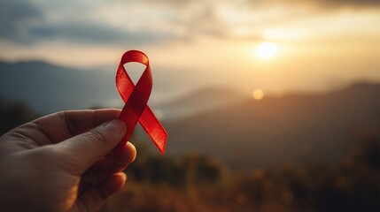World AIDS Day featuring a closeup of a red ribbon with sunset background.