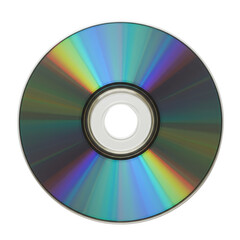 A compact disc showing iridescent colors with a center hole on transparent background
