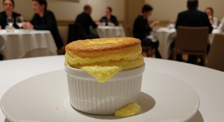 Exquisite Cheese Souffl? in Restaurant Setting, Culinary Artistry, Golden Crust, Elegant Dining Experience
