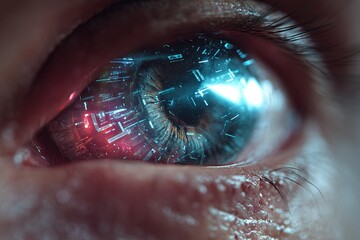 Eye Biometric Scan: A close-up shot showcases an eye undergoing a biometric scan, with intricate digital patterns overlaid on the iris, hinting at advanced security and identity verification.