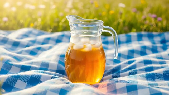 Iced Tea Pitcher on Checkered Blanket in a Sunlit Meadow Picnic Scene with Green Grass and Wildflowers