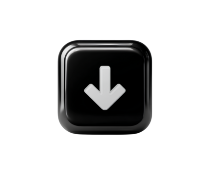 Glossy Black Download Icon with Downward Arrow and Rounded Edges, Front View, Isolated on Transparent Background PNG