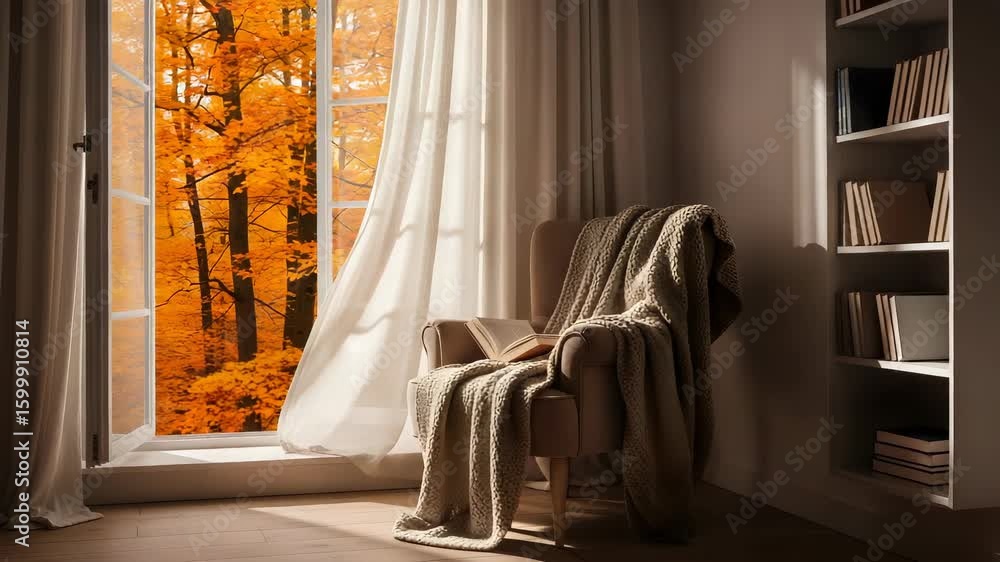 Poster interior view of armchair with blanket beside open window to autumn trees and white curtains with bo