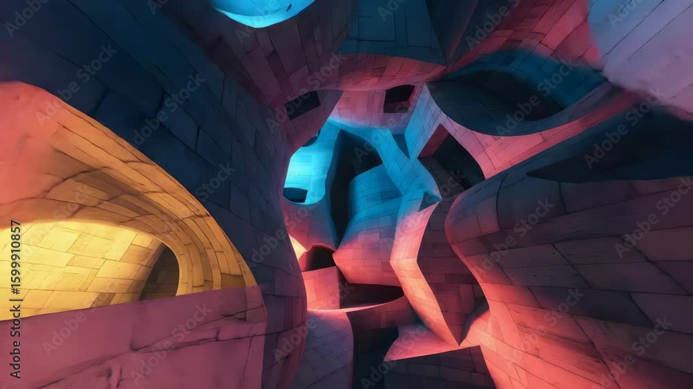 Poster intricate concrete architecture illuminated by blue red and golden light geometric tunnel with textu
