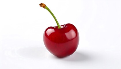 Single, glossy red cherry on white background