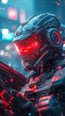 Concept of futuristic battle between transformer robots using advanced future weapons, with flying robots in the background, dynamic science fiction scene, copy space
