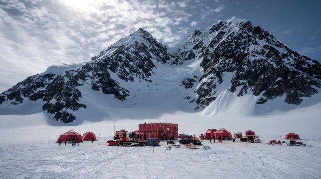 Snowy mountain range with red structures