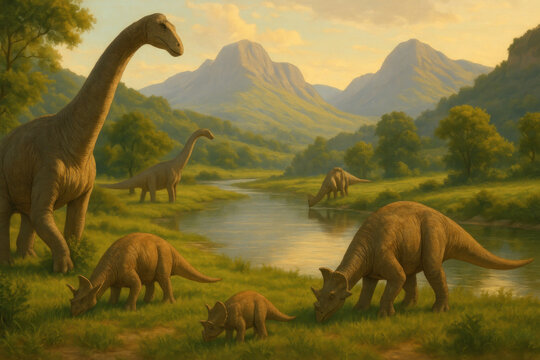 Fototapeta Herd of dinosaurs eating grass in painting.