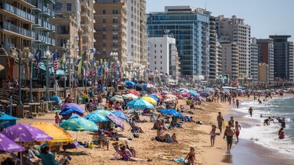 Crowded beach with high-rise buildings