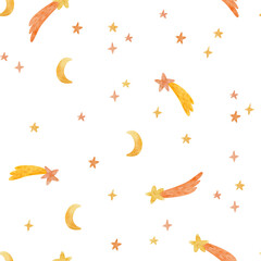 Cute seamless pattern with abstract moon and comets, stars. Perfect for kids fabric, textile, nursery wallpaper. Creative texture illustration. Abstract space.