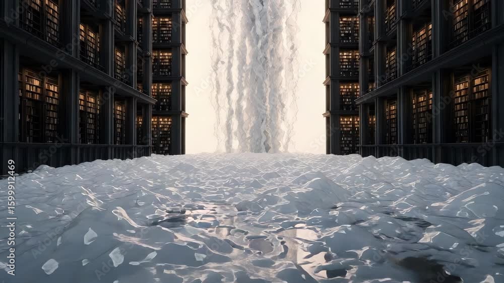 Poster overflowing liquid between tall dark geometric structures and soft light