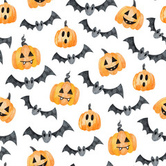 Seamless watercolor pattern with isolated pumpkins and cartoon bats. Halloween pattern on white background.
