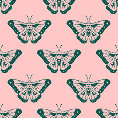 Seamless pattern with decorative butterflies. Mystical night butterflies with decorated wings for the background. Line art of animals in ornament