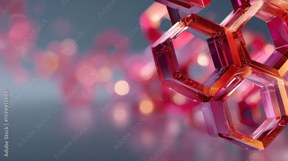 Poster interconnected hexagonal shapes in shades of red.