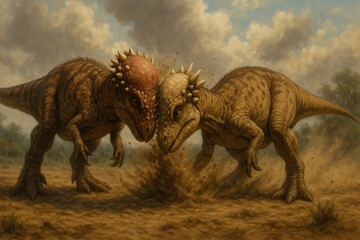 dinosaurs fighting in the dirt.