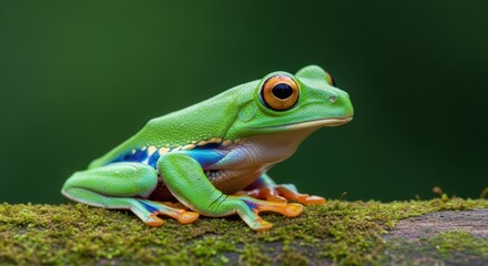 Fototapeta premium Stunning Red Eyed Tree Frog Sitting on a Mossy Branch