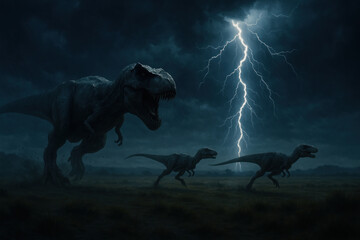 dinosaurs, illuminated by lightning, in the dark.