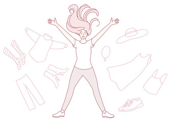 A cheerful woman surrounded by trendy clothing and accessories, radiating happiness and enthusiasm in a vibrant scene